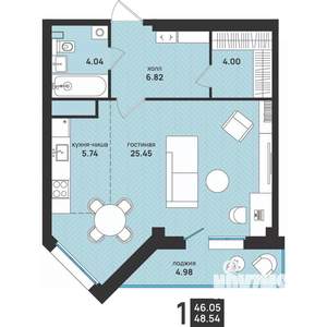 1-к квартира, вторичка, 49м2, 4/9 этаж