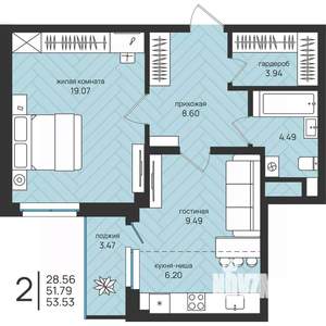 2-к квартира, вторичка, 54м2, 7/16 этаж