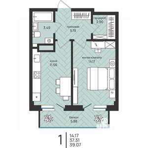 1-к квартира, вторичка, 39м2, 2/16 этаж