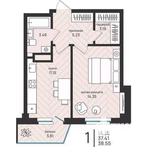 1-к квартира, вторичка, 39м2, 3/16 этаж