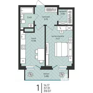 1-к квартира, вторичка, 39м2, 4/16 этаж