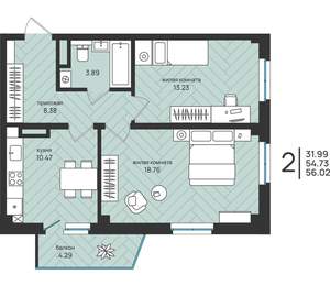 2-к квартира, вторичка, 56м2, 5/16 этаж