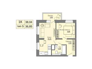1-к квартира, строящийся дом, 38м2, 12/16 этаж