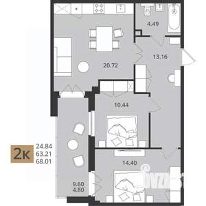 2-к квартира, вторичка, 68м2, 2/16 этаж