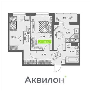 2-к квартира, сданный дом, 54м2, 6/8 этаж