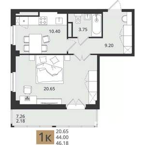 1-к квартира, вторичка, 46м2, 8/9 этаж