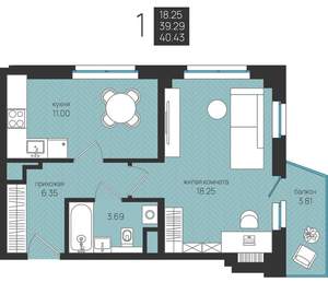 1-к квартира, строящийся дом, 40м2, 5/16 этаж