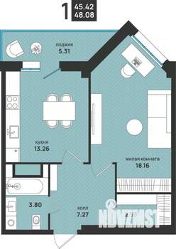 1-к квартира, вторичка, 48м2, 6/13 этаж