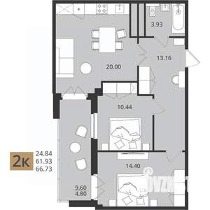 2-к квартира, вторичка, 67м2, 11/16 этаж