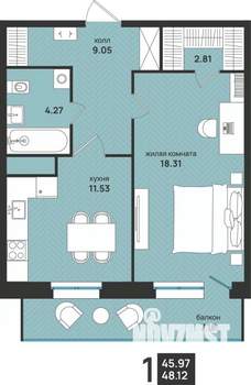 1-к квартира, вторичка, 48м2, 3/13 этаж