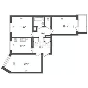 3-к квартира, вторичка, 64м2, 1/9 этаж