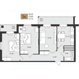 3-к квартира, вторичка, 77м2, 7/16 этаж