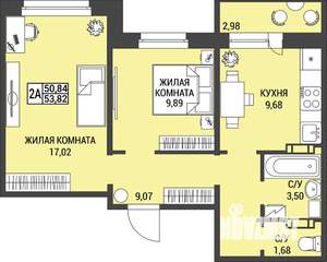 2-к квартира, строящийся дом, 51м2, 8/9 этаж