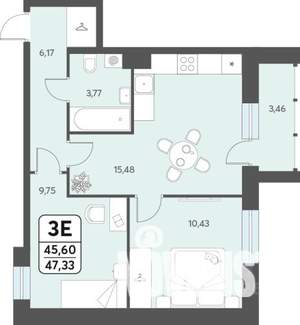 3-к квартира, строящийся дом, 47м2, 8/12 этаж