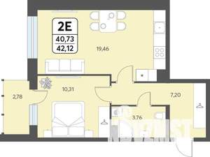 2-к квартира, строящийся дом, 42м2, 3/12 этаж
