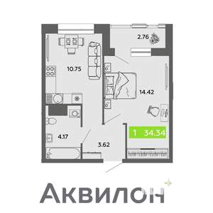 1-к квартира, вторичка, 34м2, 4/16 этаж