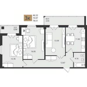 3-к квартира, вторичка, 79м2, 2/16 этаж