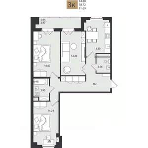 3-к квартира, вторичка, 82м2, 7/16 этаж