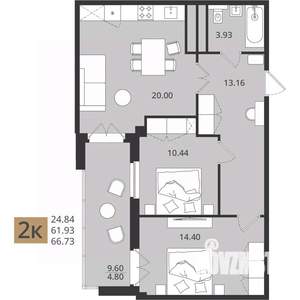 2-к квартира, вторичка, 67м2, 16/16 этаж