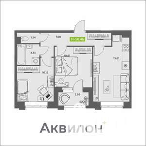 2-к квартира, вторичка, 50м2, 9/16 этаж