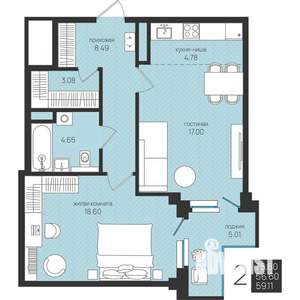 2-к квартира, строящийся дом, 59м2, 16/16 этаж