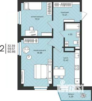 2-к квартира, вторичка, 61м2, 13/16 этаж