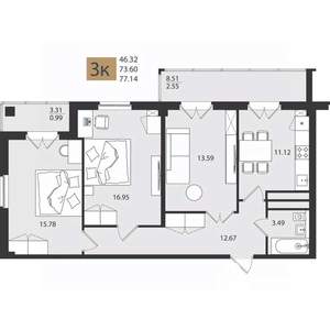 3-к квартира, вторичка, 77м2, 11/16 этаж