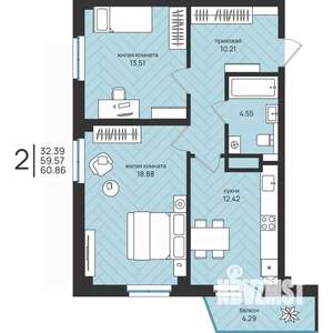 2-к квартира, вторичка, 61м2, 13/16 этаж