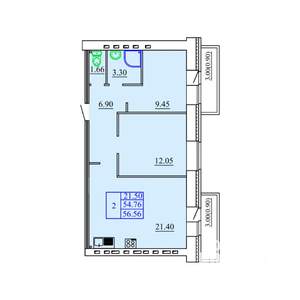 2-к квартира, строящийся дом, 57м2, 2/9 этаж