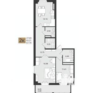 2-к квартира, вторичка, 68м2, 8/16 этаж