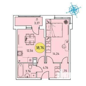 2-к квартира, строящийся дом, 39м2, 8/9 этаж