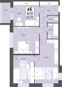 3-к квартира, строящийся дом, 67м2, 1/12 этаж