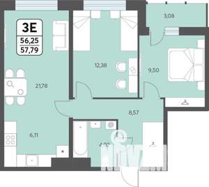 3-к квартира, строящийся дом, 58м2, 9/12 этаж
