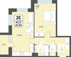 2-к квартира, строящийся дом, 46м2, 3/12 этаж