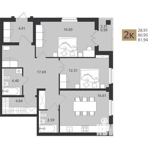 2-к квартира, вторичка, 82м2, 1/16 этаж