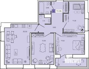 3-к квартира, сданный дом, 73м2, 13/16 этаж