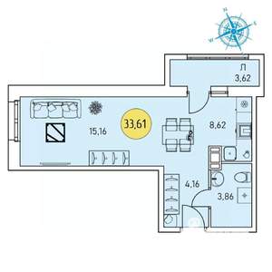 Студия квартира, строящийся дом, 34м2, 7/9 этаж