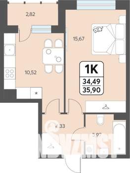 1-к квартира, вторичка, 36м2, 2/12 этаж