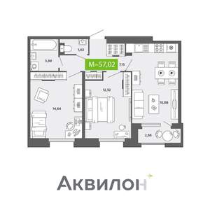 2-к квартира, вторичка, 57м2, 13/16 этаж