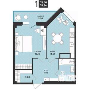 1-к квартира, вторичка, 48м2, 6/13 этаж