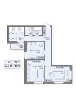 3-к квартира, строящийся дом, 70м2, 2/16 этаж