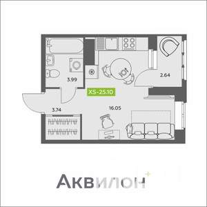 Студия квартира, вторичка, 25м2, 12/16 этаж