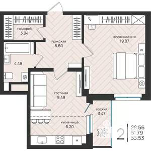 2-к квартира, вторичка, 54м2, 8/16 этаж