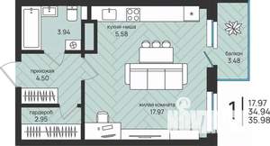 1-к квартира, вторичка, 36м2, 10/16 этаж