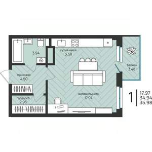 Студия квартира, вторичка, 36м2, 10/16 этаж