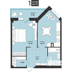 1-к квартира, вторичка, 49м2, 2/13 этаж