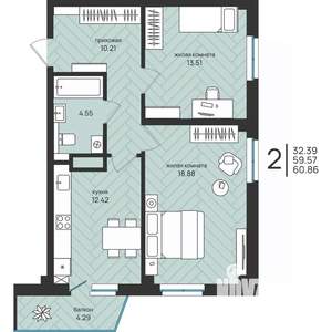 2-к квартира, вторичка, 61м2, 3/16 этаж