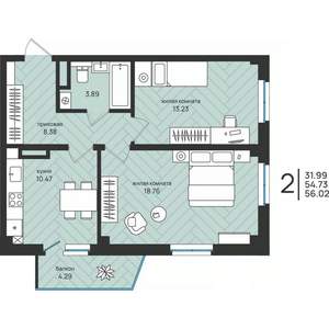 2-к квартира, вторичка, 56м2, 14/16 этаж