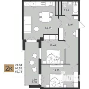 2-к квартира, вторичка, 67м2, 10/16 этаж