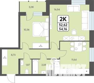 2-к квартира, строящийся дом, 54м2, 4/12 этаж